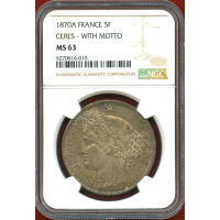 フランス 1870A 5フラン 銀貨 セレス WITH MOTTO NGC MS63