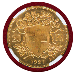 【SOLD】スイス 1927B 20フラン金貨 アルプスと少女 ブレネリ NGC MS66+