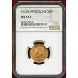 【SOLD】スイス 1927B 20フラン金貨 アルプスと少女 ブレネリ NGC MS66+