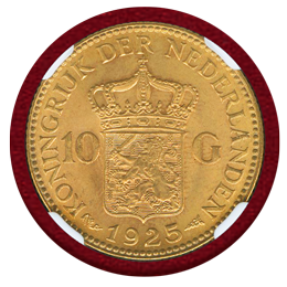 【SOLD】オランダ 1925年 10グルデン 金貨 ウィルヘルミナ NGC MS64