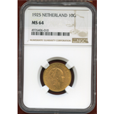 【SOLD】オランダ 1925年 10グルデン 金貨 ウィルヘルミナ NGC MS64