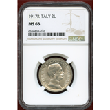 イタリア 1917R 2リレ銀貨 エマヌエレ3世 クァドリガ NGC MS63