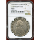 オーストリア ザルツブルク 1760年 ターラー銀貨 ジギスムント3世 NGC MS61