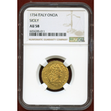 イタリア シチリア 1734 ONCIA 金貨 Carlo Ⅲ NGC AU58