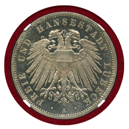 ドイツ リューベック 1912A 3マルク 銀貨 双頭の鷲 NGC PF65