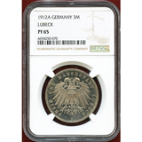 ドイツ リューベック 1912A 3マルク 銀貨 双頭の鷲 NGC PF65