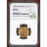 イギリス 1958年 ソブリン 金貨 エリザベス2世 NGC MS65