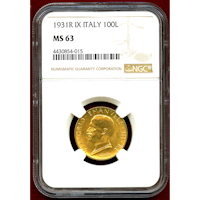 イタリア 1931R(IX) 100リレ 金貨 船首に立つ女神 NGC MS63