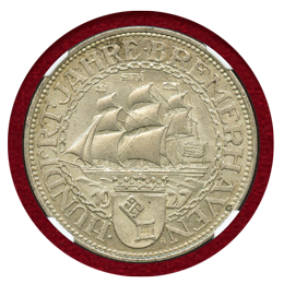 ワイマール共和国 1927A 5マルク 銀貨 ブレーマーハーフェン NGC MS65