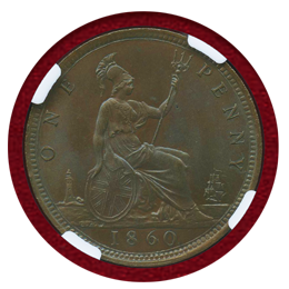 イギリス 1860年 ペニー銅貨 ヴィクトリア バンヘッド ギザ縁 Wyon刻印有 MS65RB