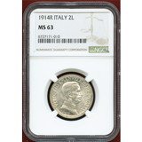 【SOLD】イタリア 1914R 2リレ 銀貨 エマヌエレ3世 クァドリガ NGC MS63