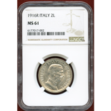 イタリア 1916R 2リレ 銀貨 エマヌエレ3世 クァドリガ NGC MS61