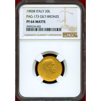 イタリア 1903R 20リレ ギルト 銅貨 試作貨 エマヌエレ3世 NGC PF64 MATTE