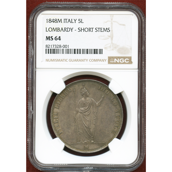 1848年イタリア　ミラノ　ロンバルディア革命臨時政府 5リラ銀貨 1848年イタリア ミラノ ロンバルディア革命臨時政府 5リラ銀貨