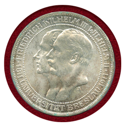 ドイツ プロイセン 1911A 3マルク 銀貨 ヴロツワフ大学創立100周年 PCGS MS64