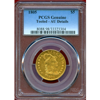 アメリカ 1805年 $5 金貨 リバティキャップ PCGS AU Details