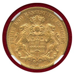 ドイツ ハンブルク 1909J 10マルク金貨 都市紋章 NGC MS63