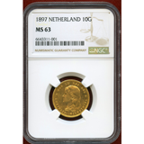 オランダ 1897年 10グルデン 金貨 ウィルヘルミナ幼年像 NGC MS63