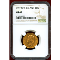 オランダ 1897年 10グルデン 金貨 ウィルヘルミナ幼年像 NGC MS64