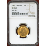 イギリス 1871年 ソブリン 金貨 ヴィクトリア ヤングヘッド シールド MS63