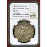 ドイツ プロイセン 1901A 5マルク 銀貨 王国200年記念 NGC MS62