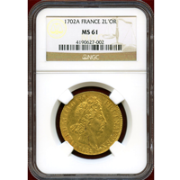 フランス 1702A年 2ルイドール 金貨 ルイ14世 NGC MS61