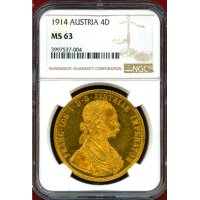 【SOLD】オーストリア 1914年 4ダカット 金貨 フランツヨーゼフ1世 オリジナル MS63