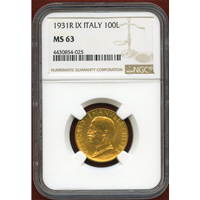 イタリア 1931R(IX) 100リレ 金貨 船首に立つ女神 NGC MS63