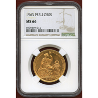 【SOLD】ペルー 1963年 50ソル 金貨 女神座像 NGC MS66