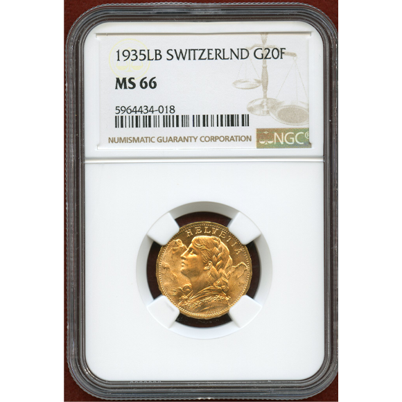 高鑑定　NGC-MS64　スイス連邦 アルプスと少女　20フラン金貨 1922B 高鑑定NGC-MS64スイス連邦 アルプスと少女20フラン金貨 1922B