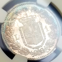 イタリア 1899R 1リラ 銀貨 ウンベルト1世 NGC MS66