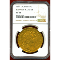 【SOLD】イギリス 1691年 5ギニー 金貨 ウィリアム&メアリー 象と城 NGC XF45