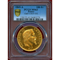 【SOLD】フランス 1865A 100フラン 金貨 ナポレオン3世有冠 PCGS MS63