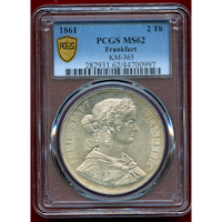 ドイツ フランクフルト 1861年 2ターラー 銀貨 フランコニア PCGS MS62