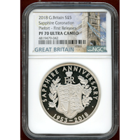 イギリス 2018年 £5 銀貨 ピエフォー エリザベス2世戴冠65周年 NGC PF70UC FR