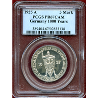 【SOLD】ワイマール共和国 1925A 3マルク 銀貨 ラインラント PCGS PR67CAM