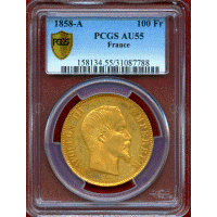 フランス 1858A 100フラン 金貨 ナポレオン3世 無冠 PCGS AU55