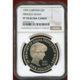 イギリス 1999年 5ポンド 銀貨 ダイアナ NGC PF70UC