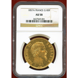 フランス 1857年A 100フラン金貨 ナポレオン3世 無冠 NGC AU58