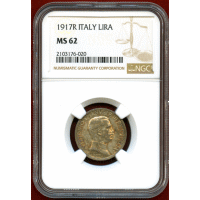 【SOLD】イタリア 1917R 1リラ 銀貨 エマヌエレ3世 クァドリガ NGC MS62