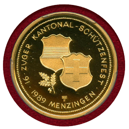 スイス 現代射撃祭 1989年 1000フラン 金貨 メンツィンゲン PCGS PR69DCAM