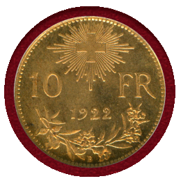 スイス 1922B 10フラン 金貨 アルプスと少女 NGC MS66