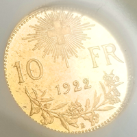 スイス 1922B 10フラン 金貨 アルプスと少女 NGC MS66