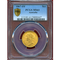 オーストラリア 1867SY ソブリン 金貨 ヴィクトリア バンクシア PCGS MS61