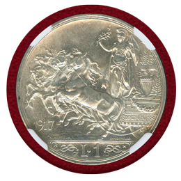 【SOLD】イタリア 1917R 1リラ 銀貨 エマヌエレ3世 クァドリガ NGC MS63