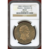 ドイツ プロイセン 1888A 5マルク 銀貨 フリードリヒ3世 NGC MS62