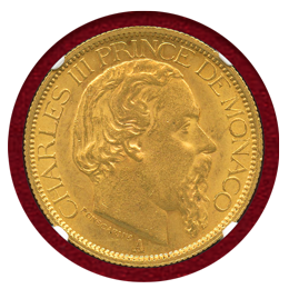 モナコ 1886A 100フラン 金貨 シャルル3世 NGC MS63