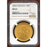 モナコ 1886A 100フラン 金貨 シャルル3世 NGC MS63