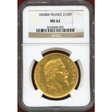 フランス 1868BB 100フラン 金貨 ナポレオン3世有冠 NGC MS62