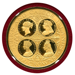 英領 タークスカイコス 1977年 100クラウン 金貨 ヴィクトリア4肖像 NGC PF69UC